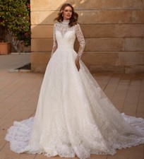 Elegant A-Line Wedding Dresses High Neck Long Sleeves Lace Applique Bridal Gowns