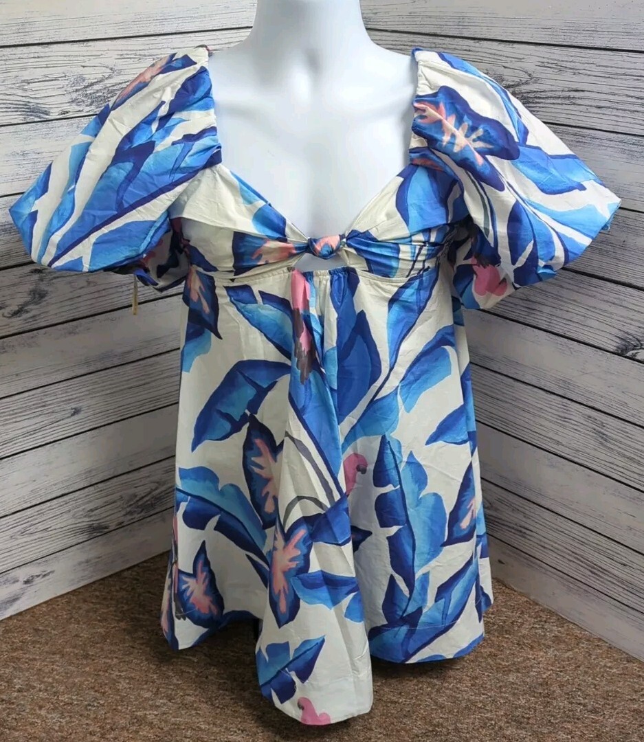 princess polly baby blue dress NWT FARM Rio Blue color birds midi dress size XL linen viscose C9
