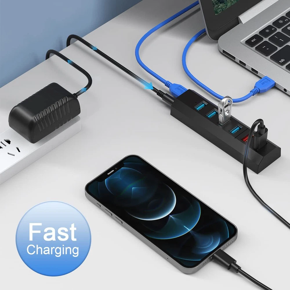 Aiibe 6-Port USB 3.0 Hub with 24W Power Adapter - High-Speed Data Transfer