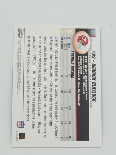 2004 Topps Gold Kansas City Chiefs Football Card #15 Derrick Blaylock 147/499 - Picture 2 of 2