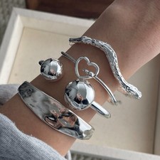 925 Sterling Silver Cuff Bracelets for Women Men Wide Star Chain Layered Bangle