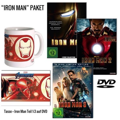 Iron Man 1-3  + Tasse  3 DVDs im Set - Teil 1, 2 und Teil 3 auf DVD  NEU OVP