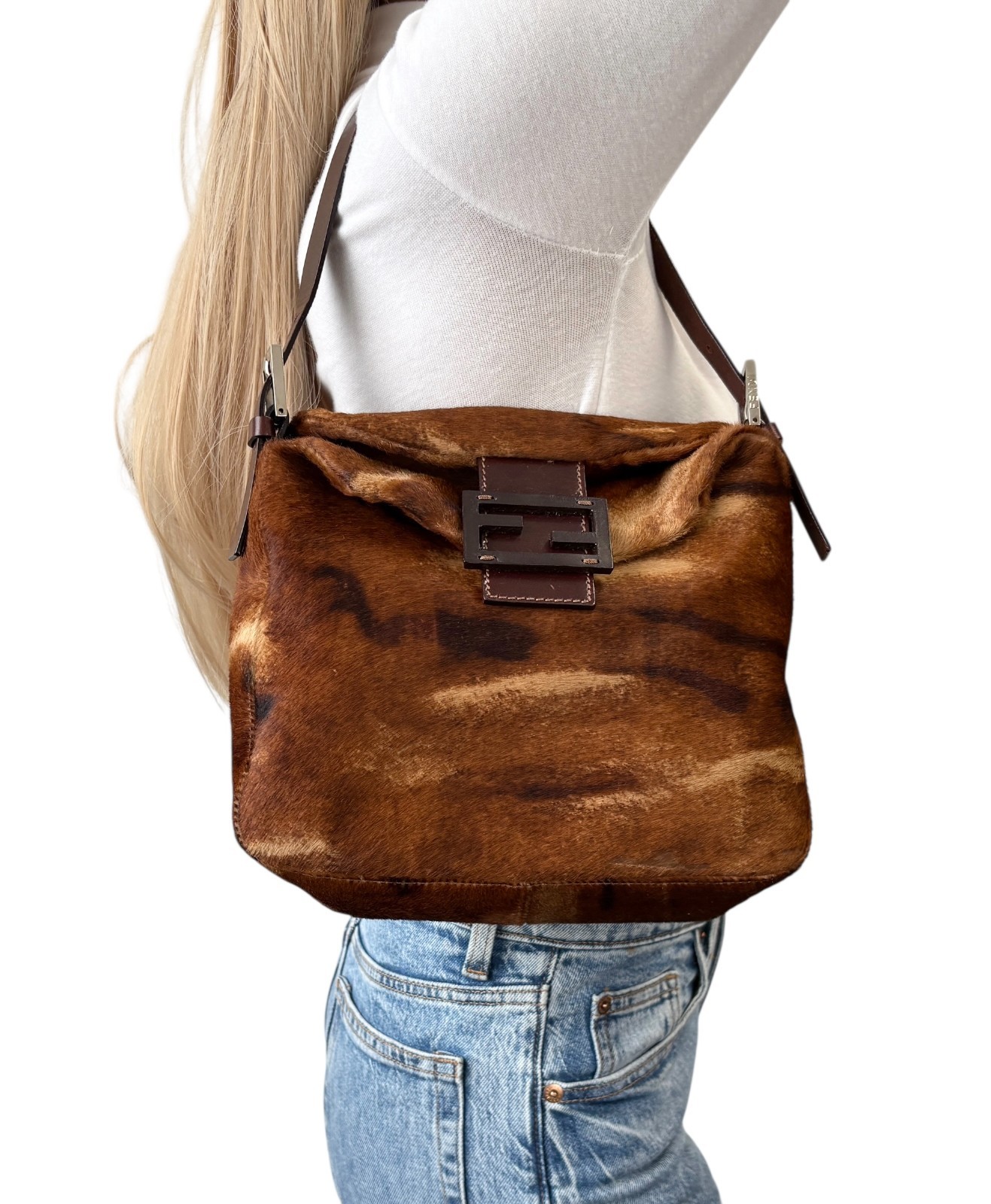 FENDI Vintage FF Logo Mamma Baguette Pony Calf Hair Shoulder Bag Brown Beige