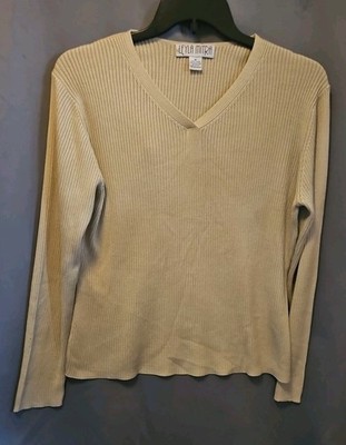 Leyla Mitra Sweater Women s Size XL Beige 100% Silk V-Neck Long Sleeve 