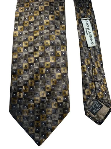Dolce & Gabbana Silk Gray Gold Jacquard Geometric Designer Tie Made in Italy - product listing photo