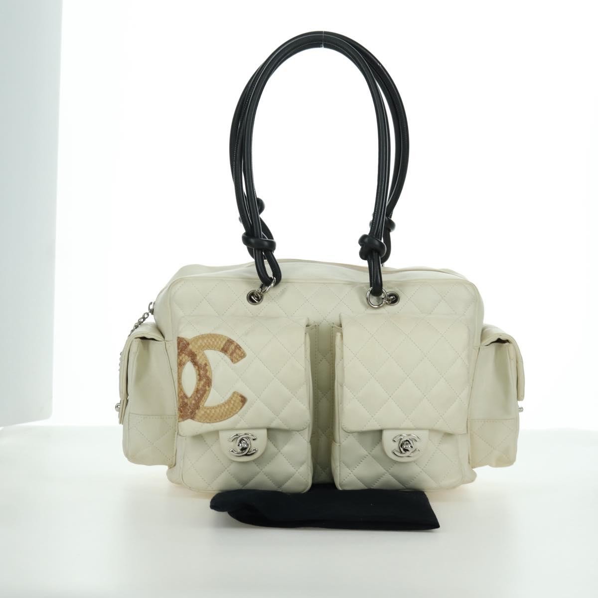CHANEL Cambon Line Matelasse Hand Bag Leather White Silver CC Auth