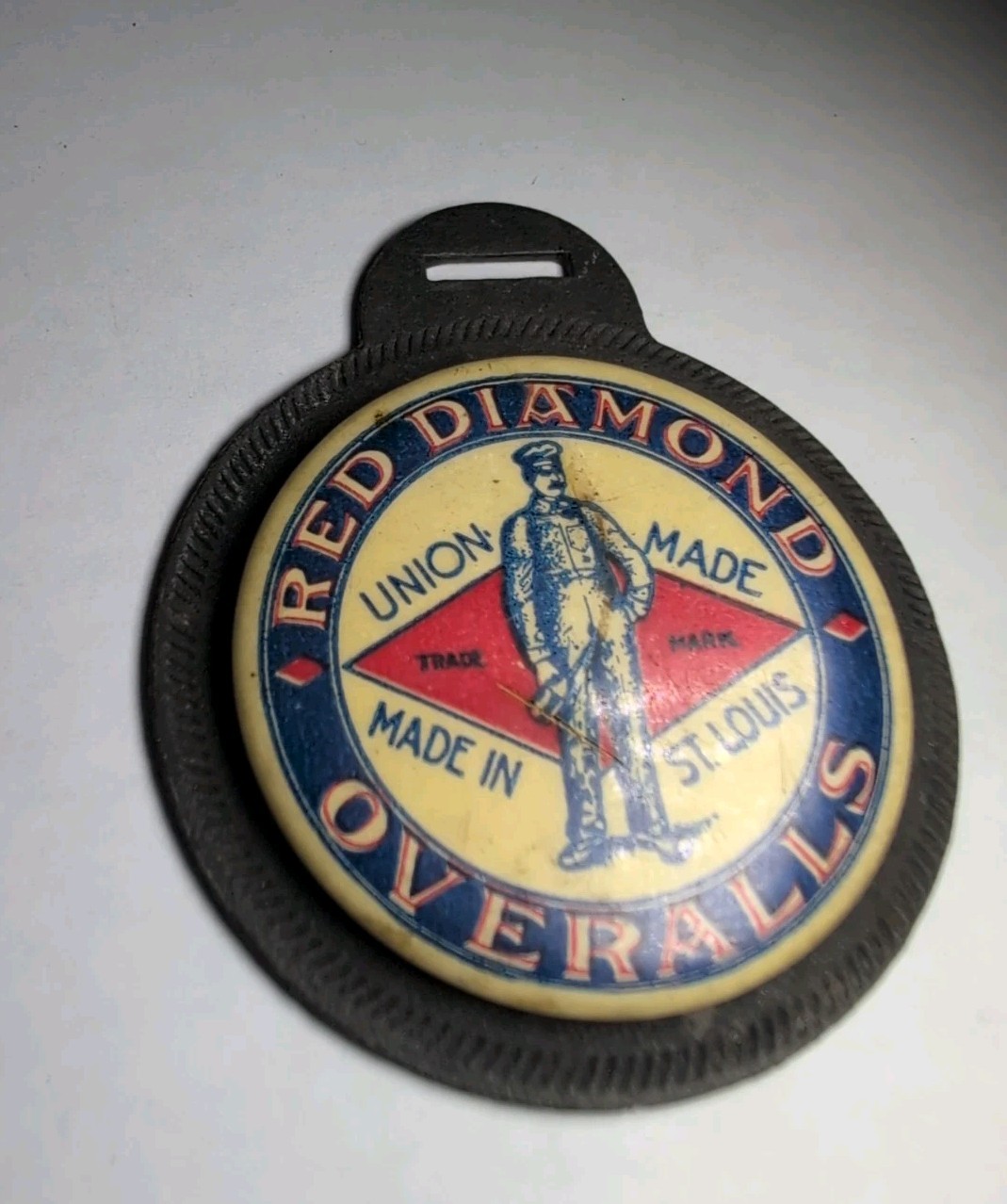 Vintage Red Diamond Overalls St. Louis Advertising Celluloid Watch Fob