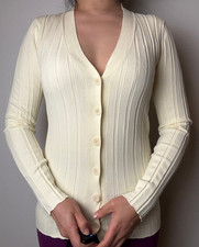 Oroton Long Sleeve Ribbed Cardi Size M Cream Ribbed V-Neck Button