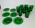 Vintage Anchor Hocking, cups and plates, Forest Green Sandwich, oatmeal, 1939-64