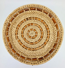 Hand Woven Shallow Bowl Basket Wall Art 12" BOHO Circular Pattern Natural Brown