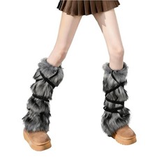 Faux Fur Fuzzy Leg Warmers Furry Boot Covers for One Size Black Strap Style