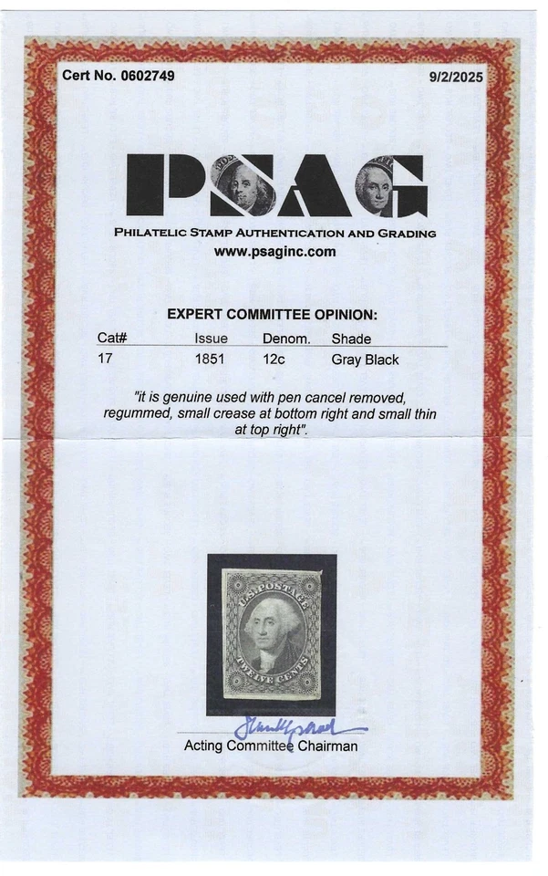 EAS_STAMPS US #17 USED LOT C PEN CANCEL REMOVED W/ CERTIFICATION SCV $125.00 - Image 2 of 2