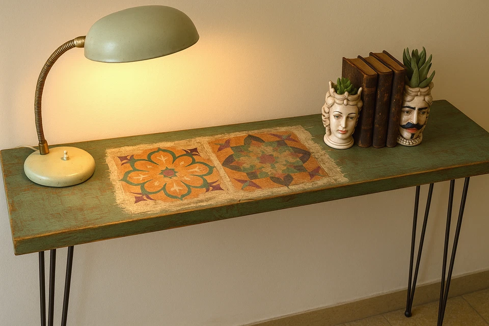 Consolle da Ingresso in Legno Massello e gambe Ferro Tavolino Design Industrial - Immagine 2 di 4