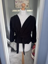 Boohoo Wrap Blouse Black UK 12 Petite Long Sleeve Peplum Top NWT