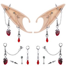 Gothic Fairy Elf Ears Set - Renaissance Elf Pixie Ears with Heart Cuffs and Red