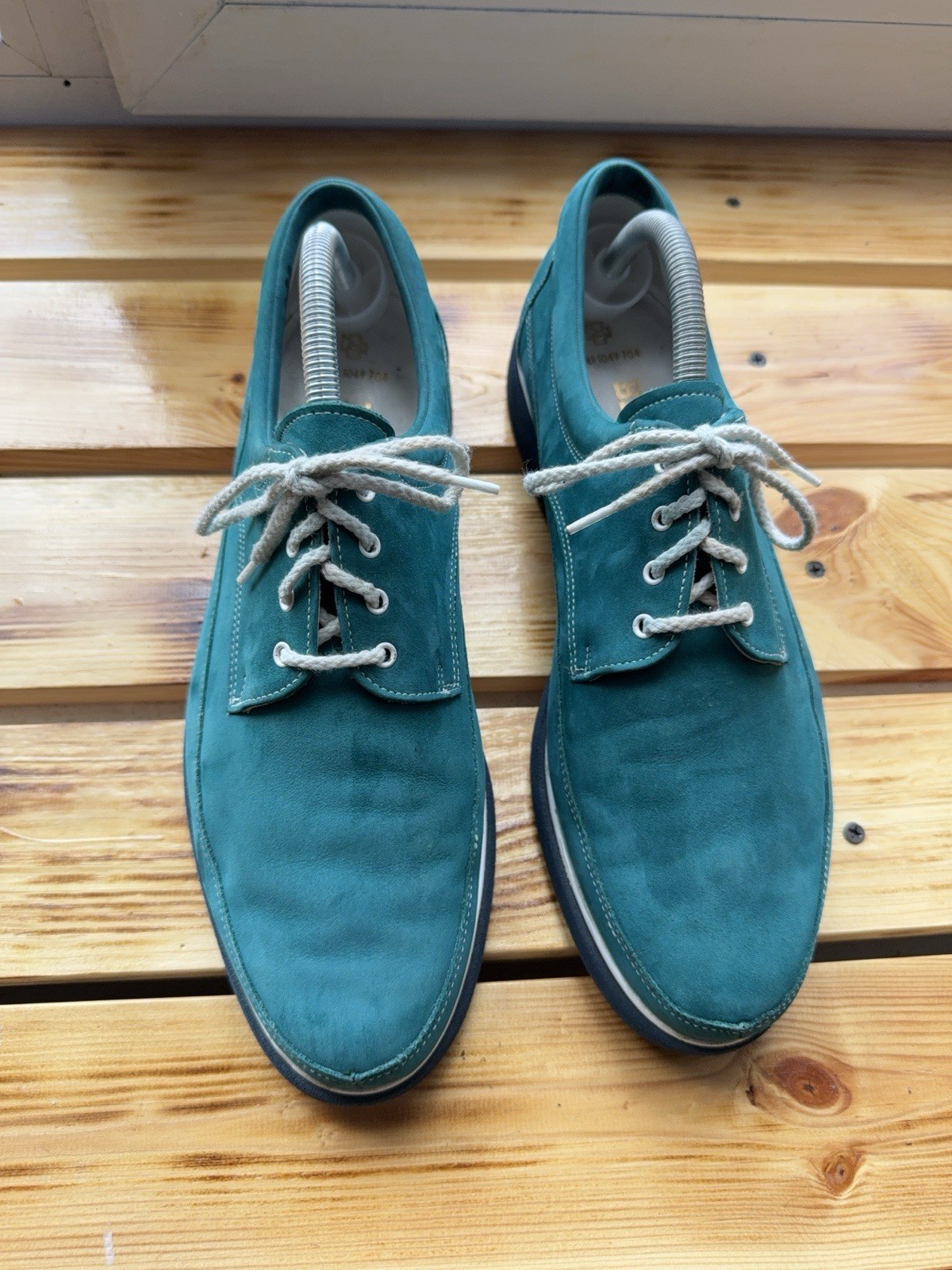 Luxury Retro 00s Rare Bally Switzerland Teal Nubuck Derby Shoes US 10E EU44 UK9 image 10