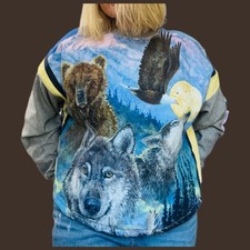 Upcycled Wildlife Patchwork Crewneck Handmade Quilt Rework Mountain Spirit Vibes Upcycled Wildlife Patchwork Crewneck Handmade Quilt Rework Mountain Spirit Vibes