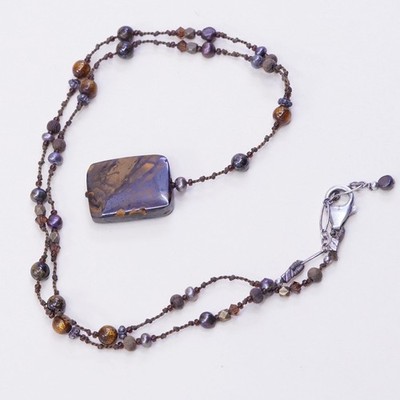 18 , Vintage Sterling 925 silver handmade necklace, linen thread with Jasper