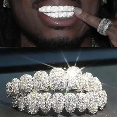 Iced Stones Teeth Grillz Punk Rapper 14K Gold Plated Tooth Caps Mouth Jewelry