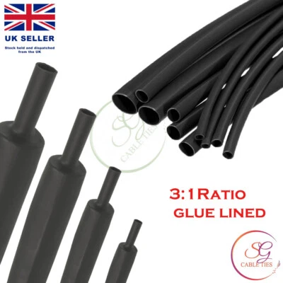 SG CABLETIES 3:1 BLACK ADHESIVE HEAT SHRINK WATERPROOF HEATSHRINK GLUE LINED TUBE SLEEVE