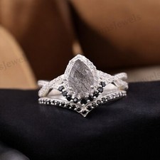 925 Sterling Silver 7x5 mm Pear Shape Natural Rutile Quartz Ring Set