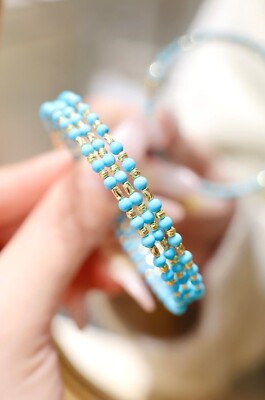 18K Gold Natural Blue Turquoise Elastic Bracelet, 18K Gold Sleeping Beauty