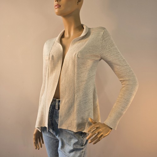 Esprit Womens Cardigan Sz S Cream Lurex Metallic Gold Striped V-Neck Open Front