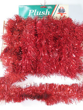 Red Tinsel Christmas Tree Garland VTG Wired 2.5" W Plush Lot of 4 pcs 48ft C7396