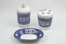 Blue & White Fish Themed Bathroom 3 Piece Set Soap Pump Soap Dish T-Brush Holder