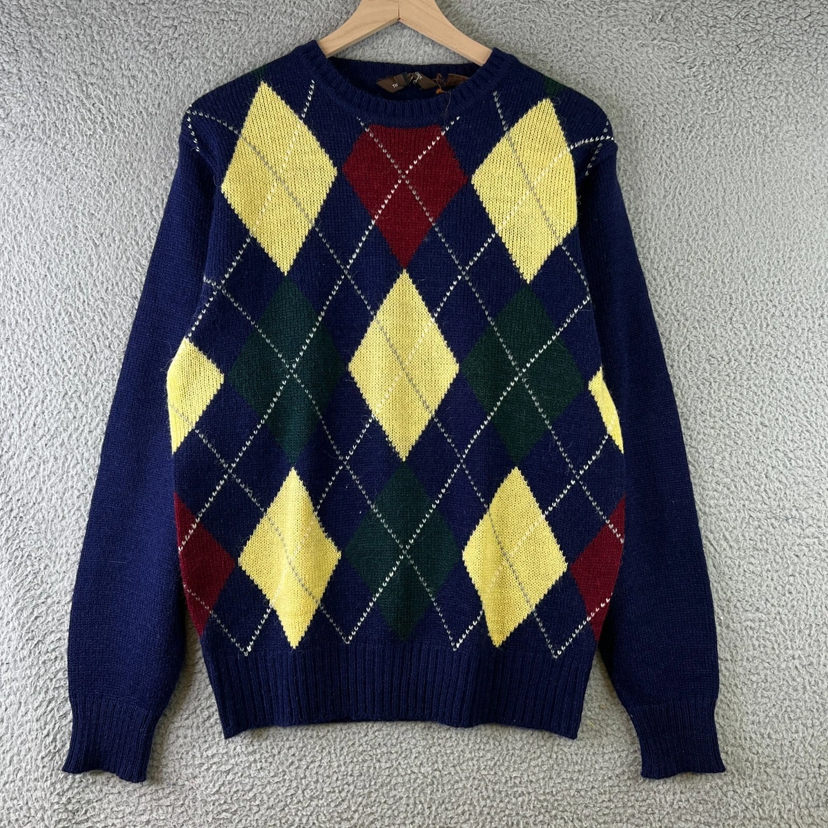 VINTAGE Grandpa Sweater Mens Large L Blue Argyle Knit Pullover Crewneck Retro