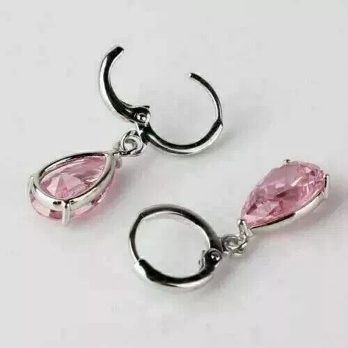 2Ct Pear Cut Pink Sapphire Lab-Created Drop Dangle Earring 14K White Gold Plated - Image 3 of 4