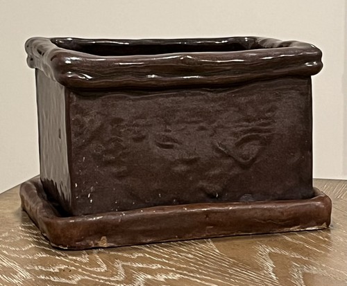 Art Pottery Bonsai Pot Planter Drip Glazed Brown Black With Saucer Brutalist - Picture 4 of 23