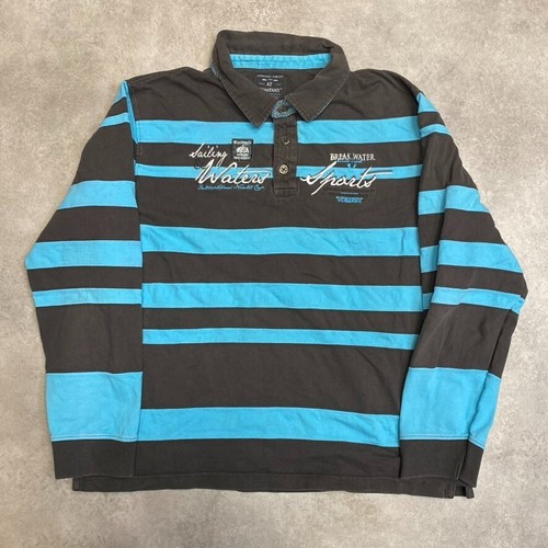 Vintage Rugby Poloshirt Herren 2XL 90s Loose Fit gestreift Oberteil, blau