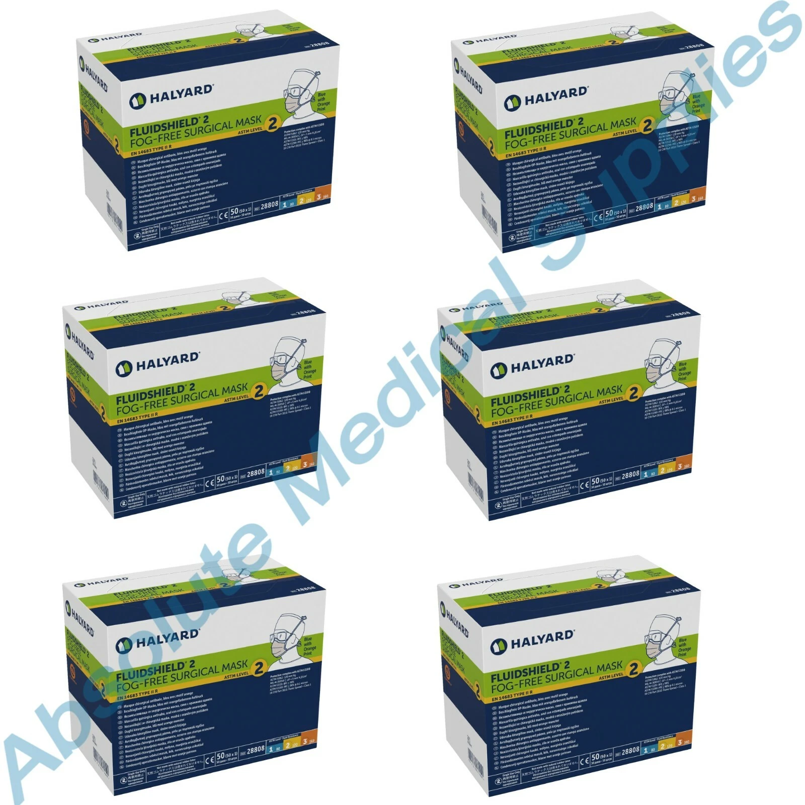 *300-Pieces* Halyard FluidShield ASTM Level 2 Fog-Free Surgical Face Mask 28808