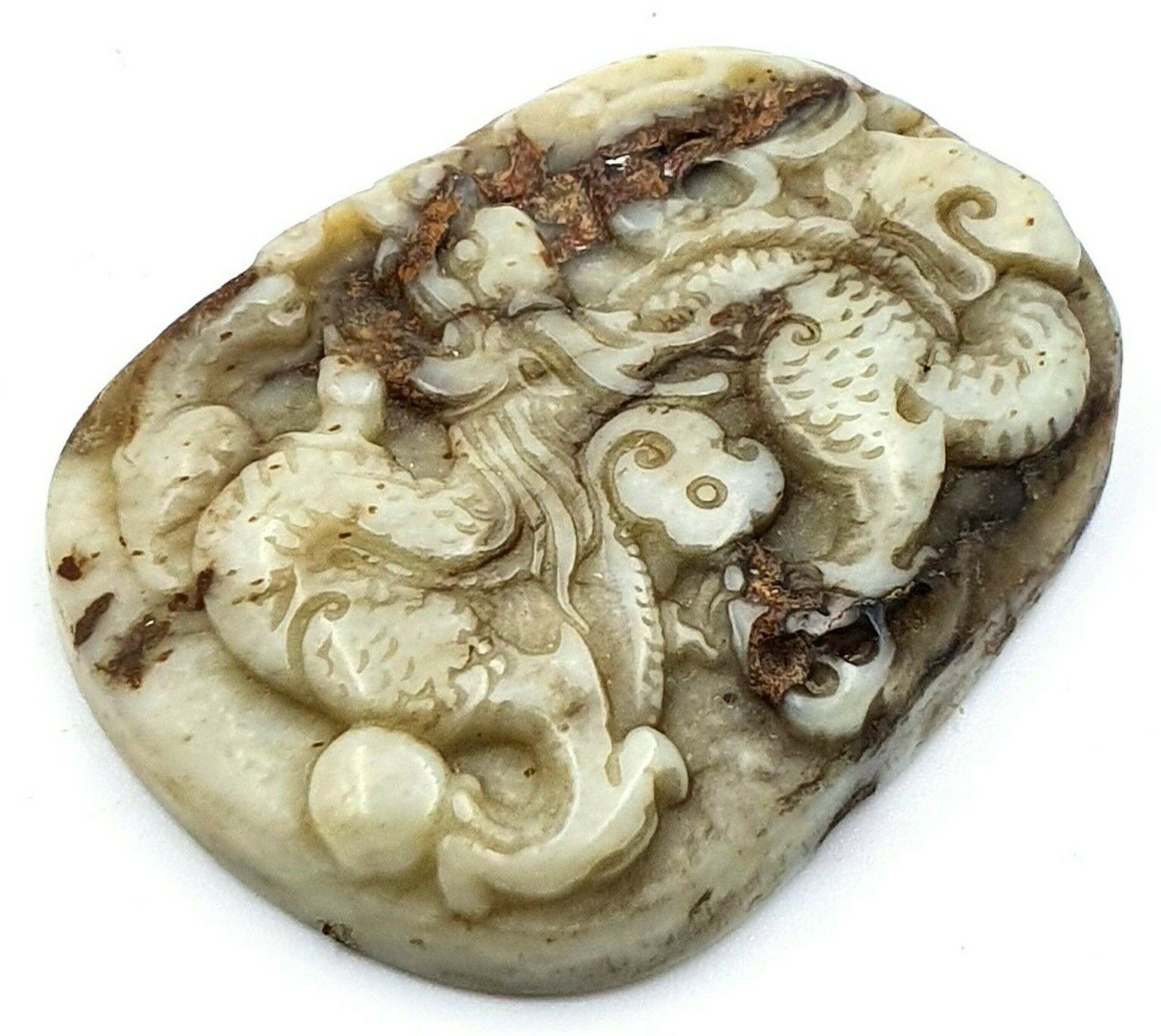 Beautiful Antique Chinese marble carved dragon pendant - 2" x 1.5" x 0.25" - VGC