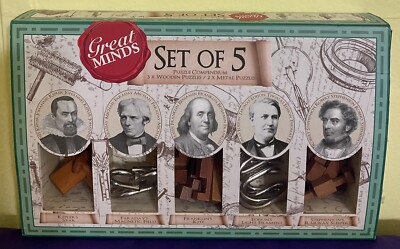 Great Minds Set of 5 Wooden & Metal Puzzles Compendium NEW