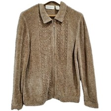 Vintage Y2K Alfred Dunner Beige Cable Knit Stretch Zipper Cardigan Size Medium
