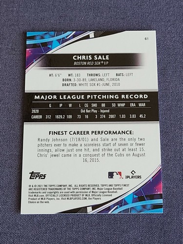 2021 Topps Finest Chris Sale 048/199 Aqua Refractor Boston Red Sox - 第 3/3 張圖片