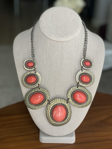 Orange Statement Necklace Gold Oval Accents