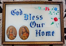 Vintage framed God Bless Our Home reverse foil Mary & Jesus Sacred heart picture
