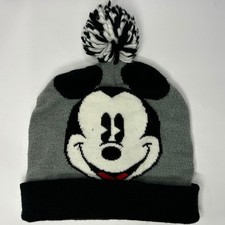 Disney Mickey Mouse Gray Black Knit Pom Pom Beanie Hat One Size