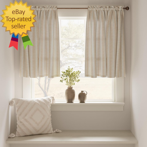 Taupe Striped Linen Kitchen Curtains 24 Inch Cafe Tier Curtains Balanced Stripe - Bild 4 von 9