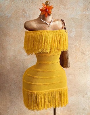 Women s Yellow Off-the-Shoulder Fringe Knit Bodycon Mini Dress One Size
