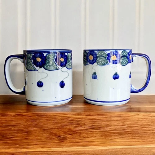 2 Polish Pottery Coffee Mugs Blue Rose Unikat Boleslawiec Signed (set of 2)