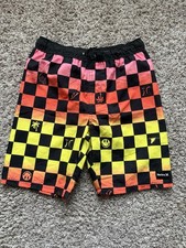 Hurley Boys Swim Trunks Size M 10-12 Checkerboard Board Shorts Black Orange Ye