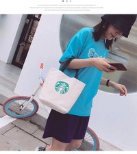 Starbucks Large Canvas Tote Bag with Green Handles - Reusable Daily Bag white