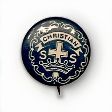 Vintage Christian Sunday School Pin Cross Crown Blue Button Badge