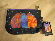 Laurel Burch Colorful Painted Cats On Black Canvas Cosmetic Utility Bag Logo NEW