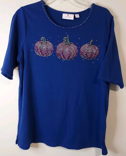 Quacker Factory By Jeanne Bice Blue- 3 Rhinestone Pumpkins Top Size Large