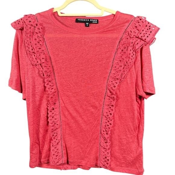 Veronica Beard Jeans Top Womens Medium Ruffle Eyelet Linen Tee Coral Pink